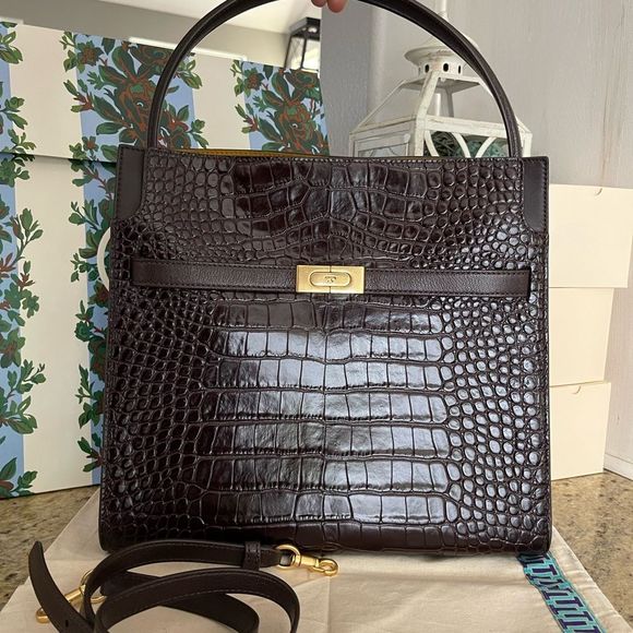 Tory Burch Women's Lee Radziwill Double Bag Handbag Embossed Pumpernickel - Picture 15 of 17